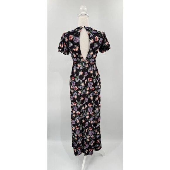 ASOS Maxi Dress Floral Black Velvet Short Sleeve  Keyhole Back Grunge Gown Sz 2 - Picture 4 of 10